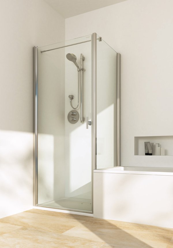Drzwi wahadłowe TWISTLINE do krótkiej ścianki bocznej, szkło jasne naturalne, profile metalowe wysoki połysk, uchwyt chrom | © Artweger GmbH. & Co. KG