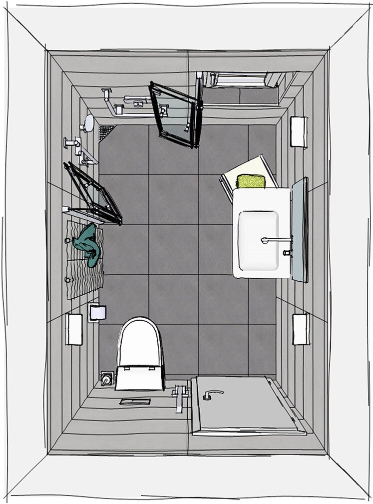 Grundriss kleines Badezimmer mit wegfaltbarer Dusche, barrierefrei, WC und Waschbecken | © Artweger GmbH. & Co. KG
