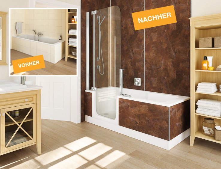 Vorher nachher Badezimmer mit TWINLINE 2 Duschbadewanne in Farbe Rost | © Artweger GmbH. & Co. KG