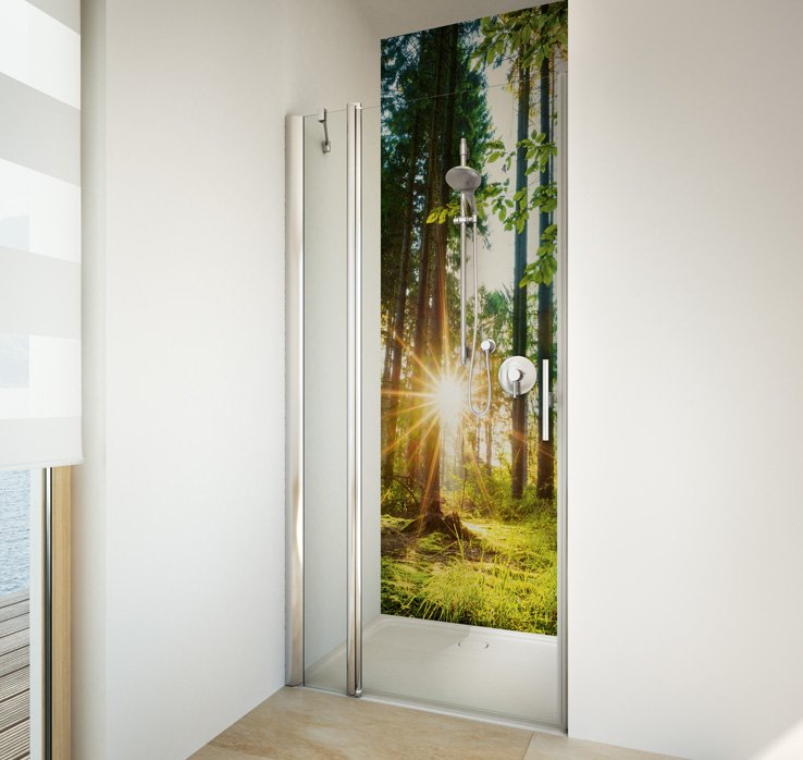 TWISTLINE Tür in Nische, Rückwand ARTWALL 3.0 Motif Wald | © Artweger GmbH. & Co. KG
