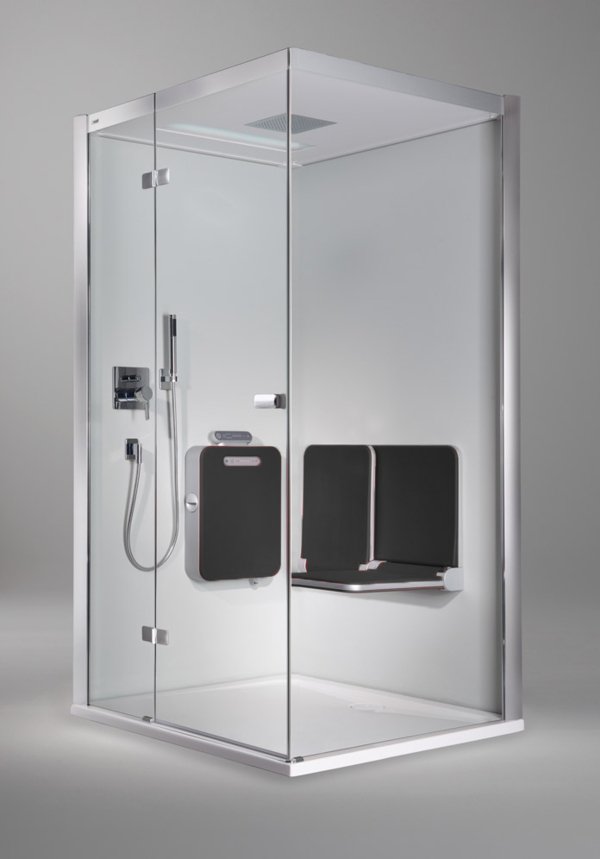 BODY+SOUL Steam shower, winged door with side screen, partially framed, with bench, audio, coloured light, overhead showerhead.  | © Artweger GmbH. & Co. KG