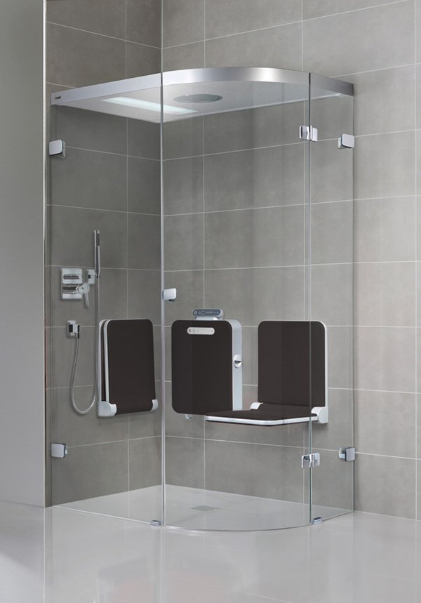 BODY+SOUL Steam shower, 1/4-round shower, frameless, 120x90cm, 2 individual seats, audio, coloured light, overhead showerhead. | © Artweger GmbH. & Co. KG